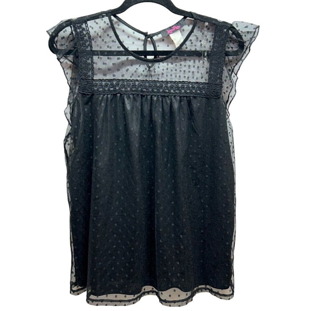 Lorena Rose XS Black Polka Dot Mesh Flutter Sleeve Blouse‎